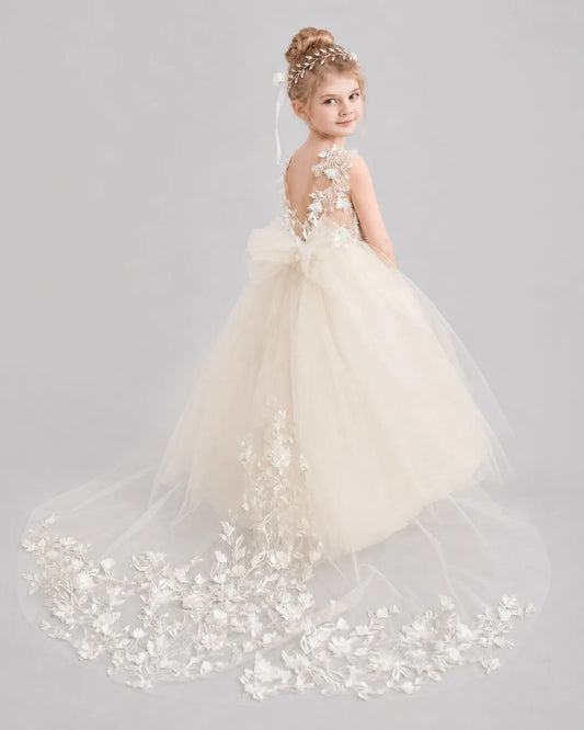 Champagne Tulle Ball Gown Flower Girl Dress Back View