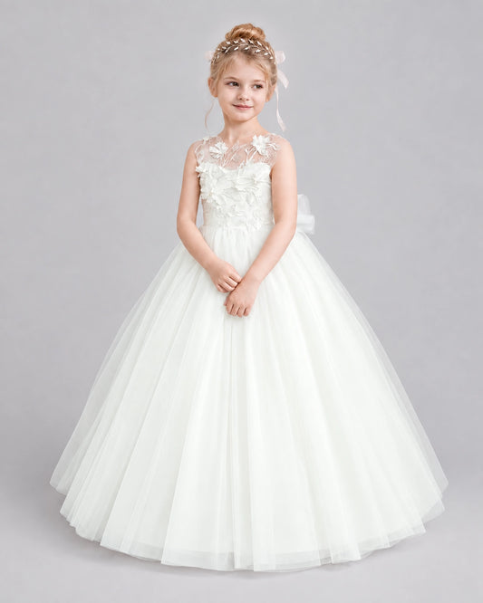 White Tulle A-line Flower Girl Dress Front View