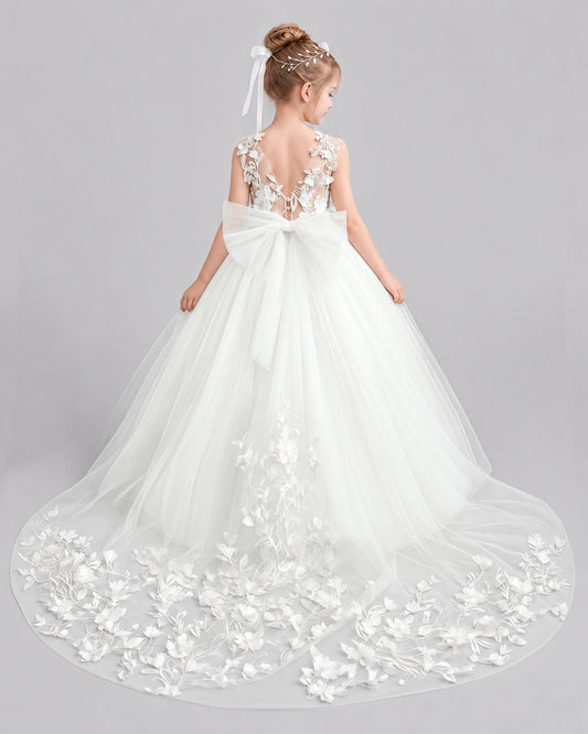 White Tulle Ball Gown Flower Girl Dress Back View