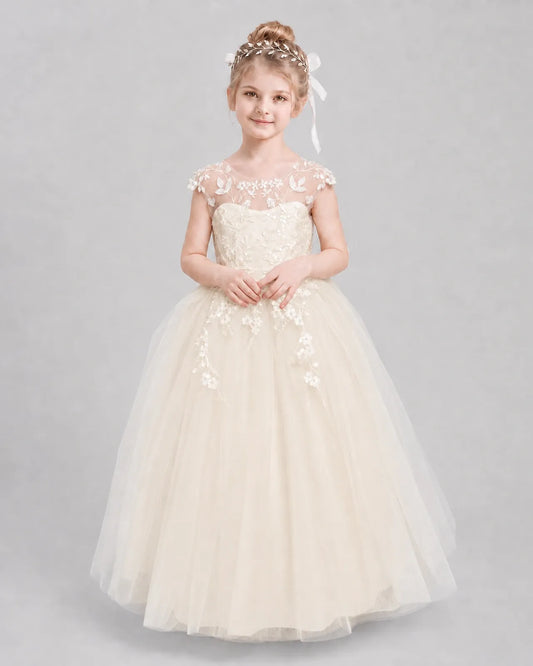 Champagne Tulle Ball Gown Flower Girl Dress Front View