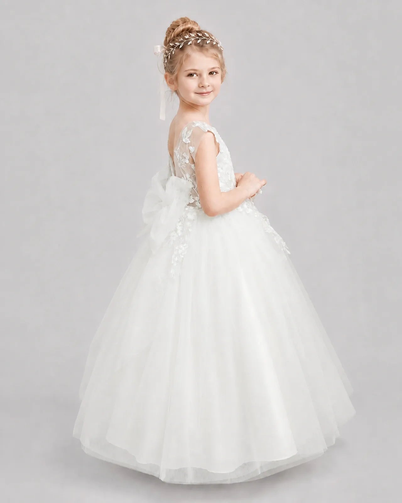 Ivory Tulle A-line Flower Girl Dress Side View