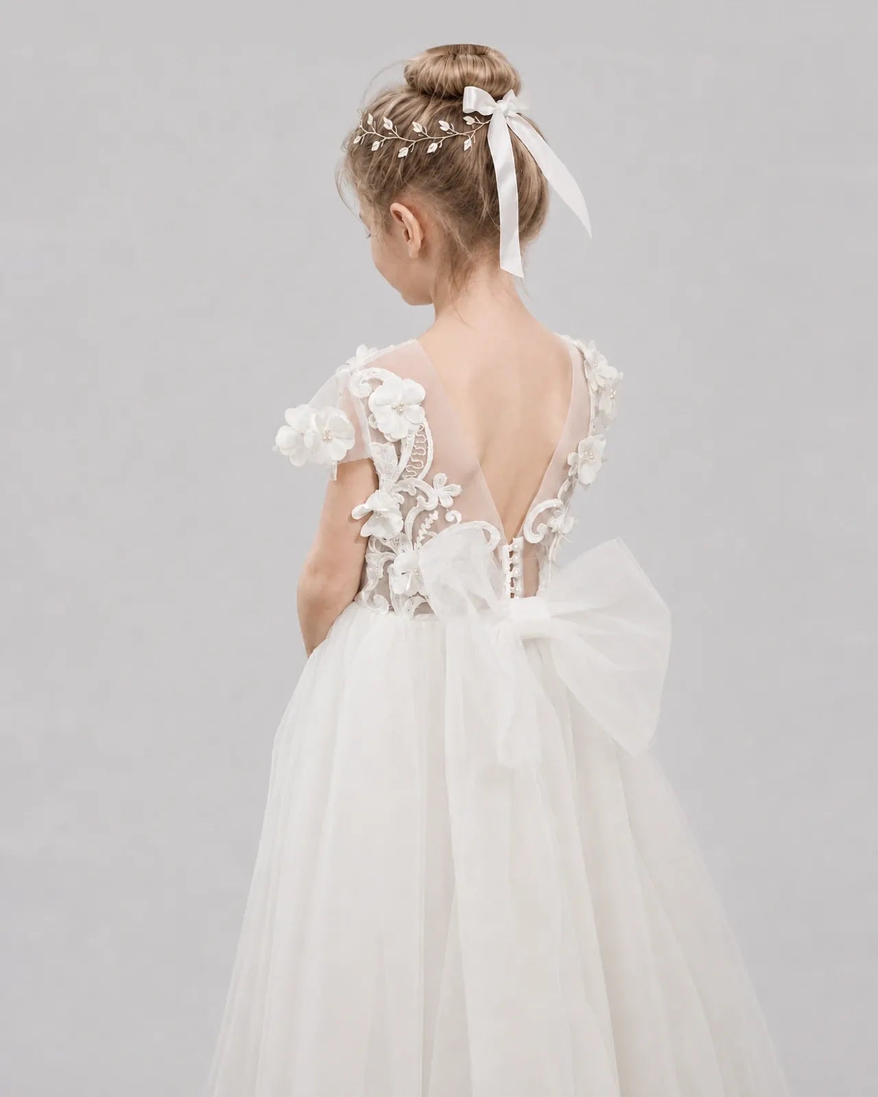 Ivory Tulle A-line Flower Girl Dress Back View