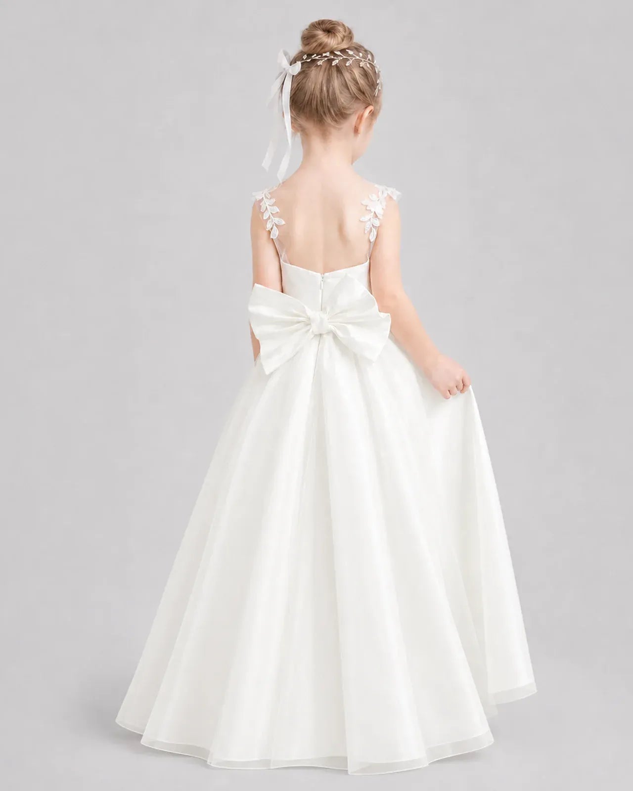 Ivory Satin A-line Flower Girl Dress Back View
