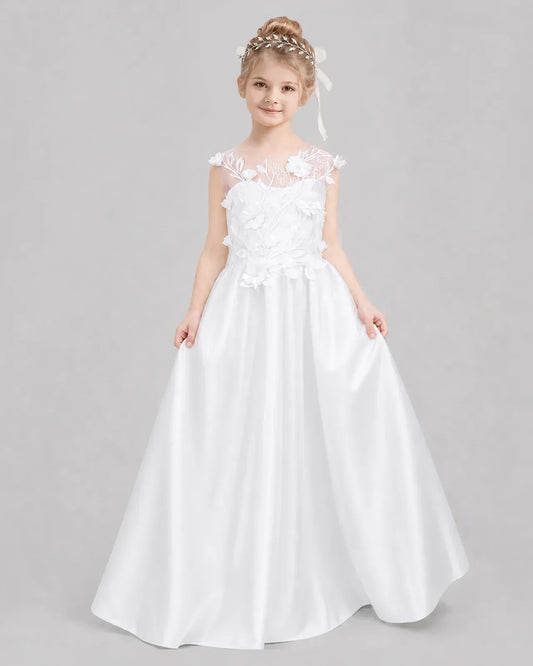 White Satin A-line Flower Girl Dress Front View