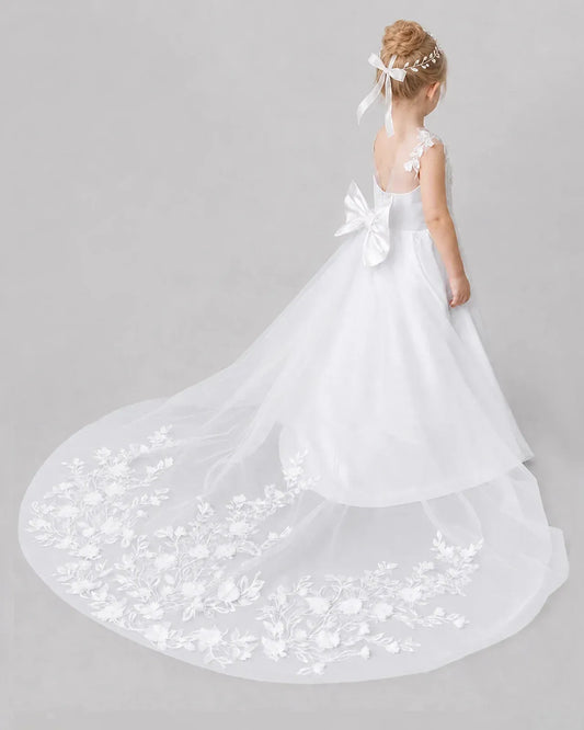 White Tulle A-line Flower Girl Dress Back View