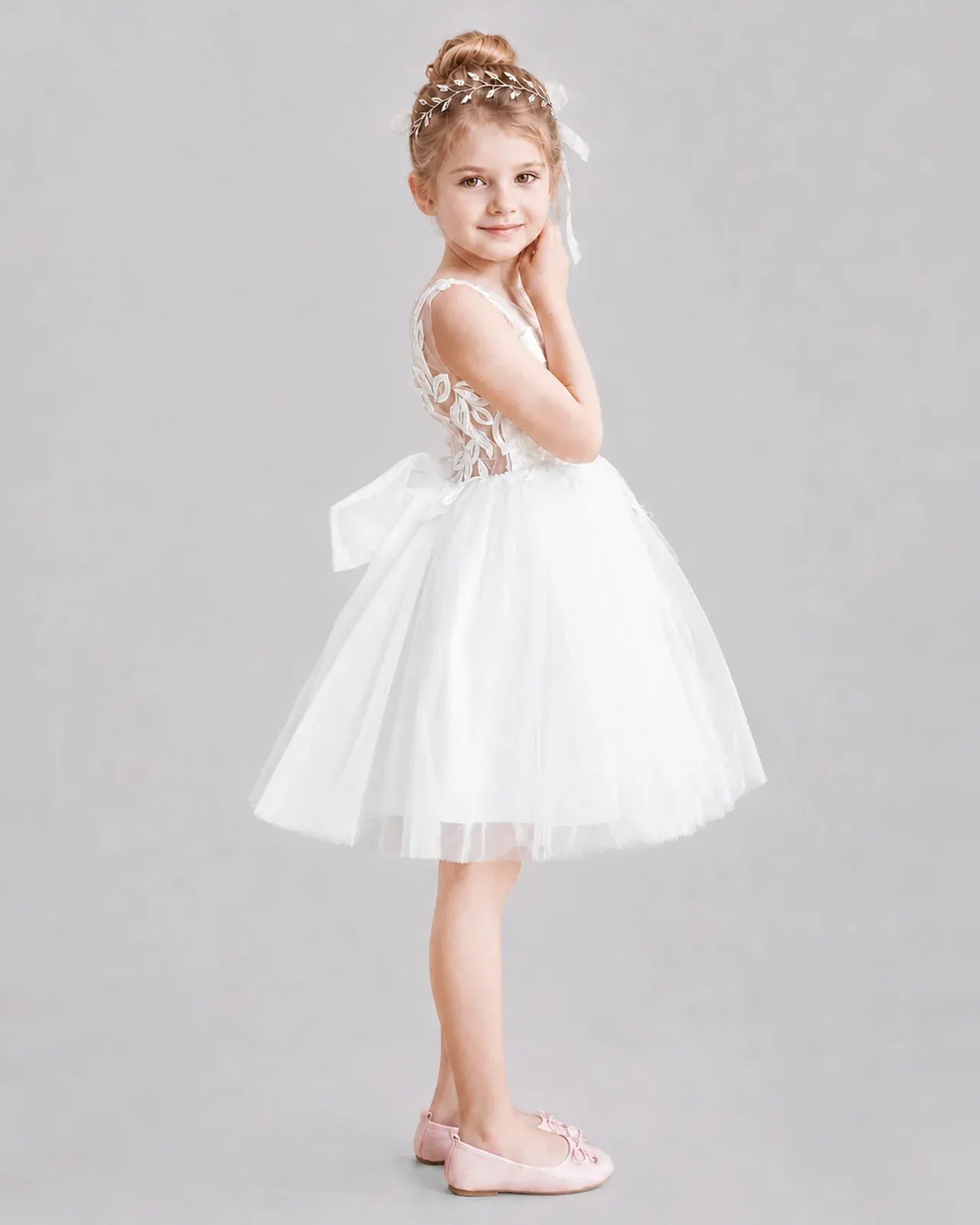Ivory Tulle A-line Flower Girl Dress Side View