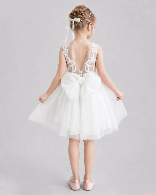 White Tulle A-line Flower Girl Dress Back View