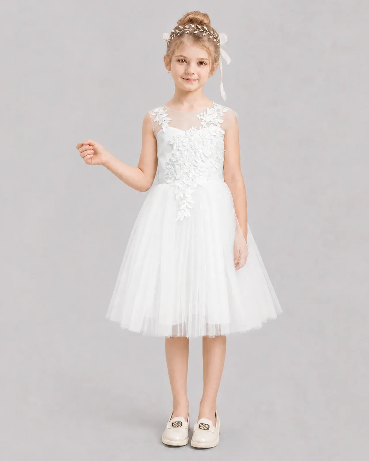 Ivory Tulle A-line Flower Girl Dress Front View