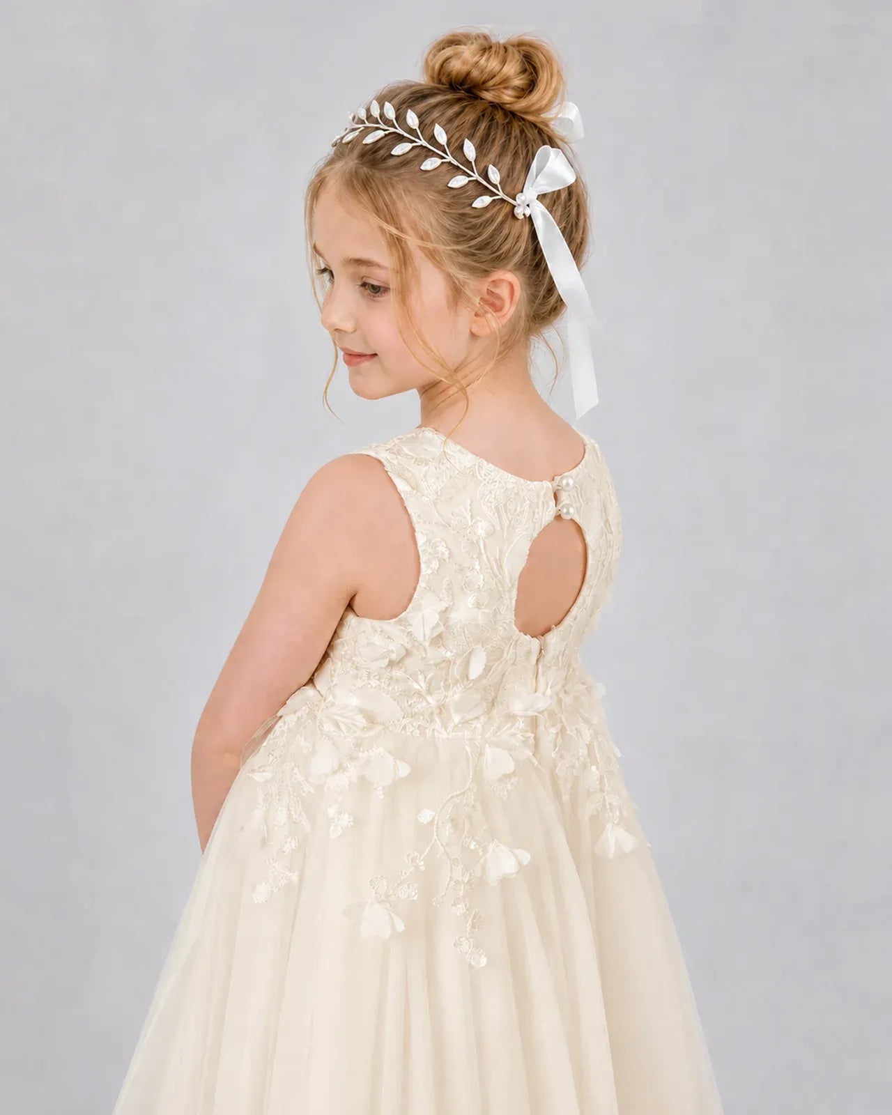 Champagne Tulle A-line Flower Girl Dress Back View