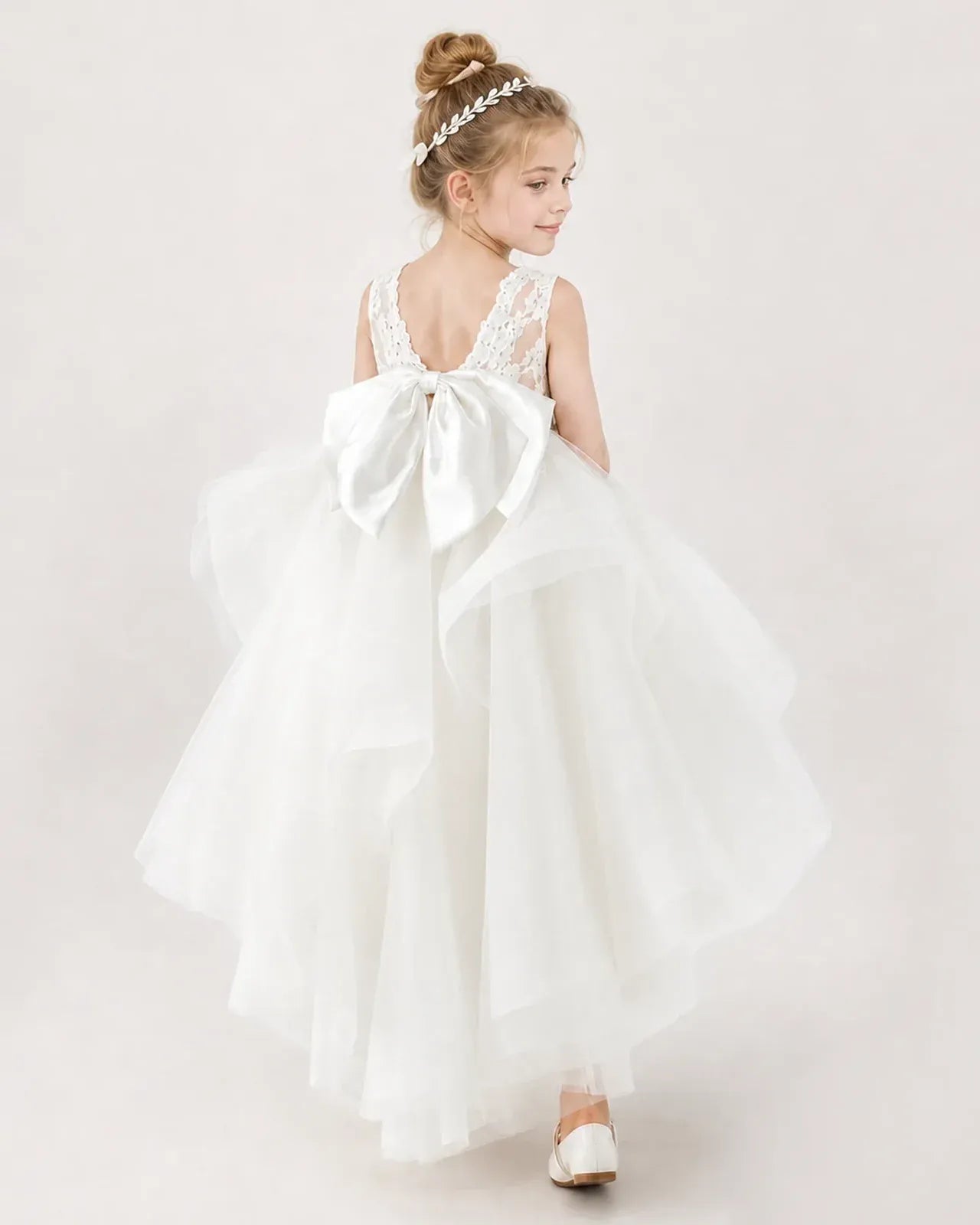 Ivory Tulle Ball Gown Flower Girl Dress Back View
