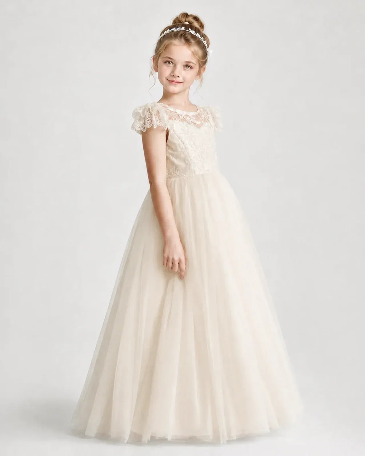 Champagne Tulle A-line First Communion Dress Front View