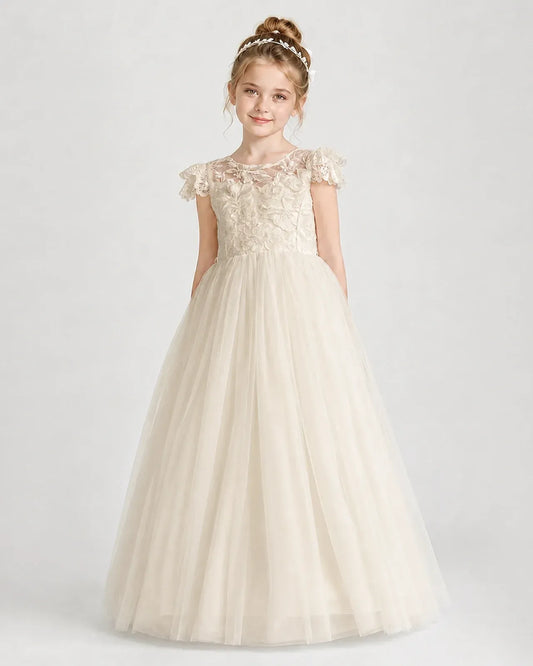 Champagne Lace A-line First Communion Dress Front View