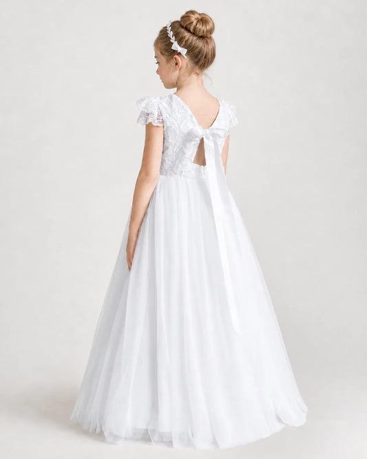 White Tulle A-line First Communion Dress Back View
