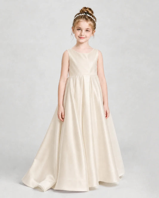 Champagne Satin A-line Flower Girl Dress Front View