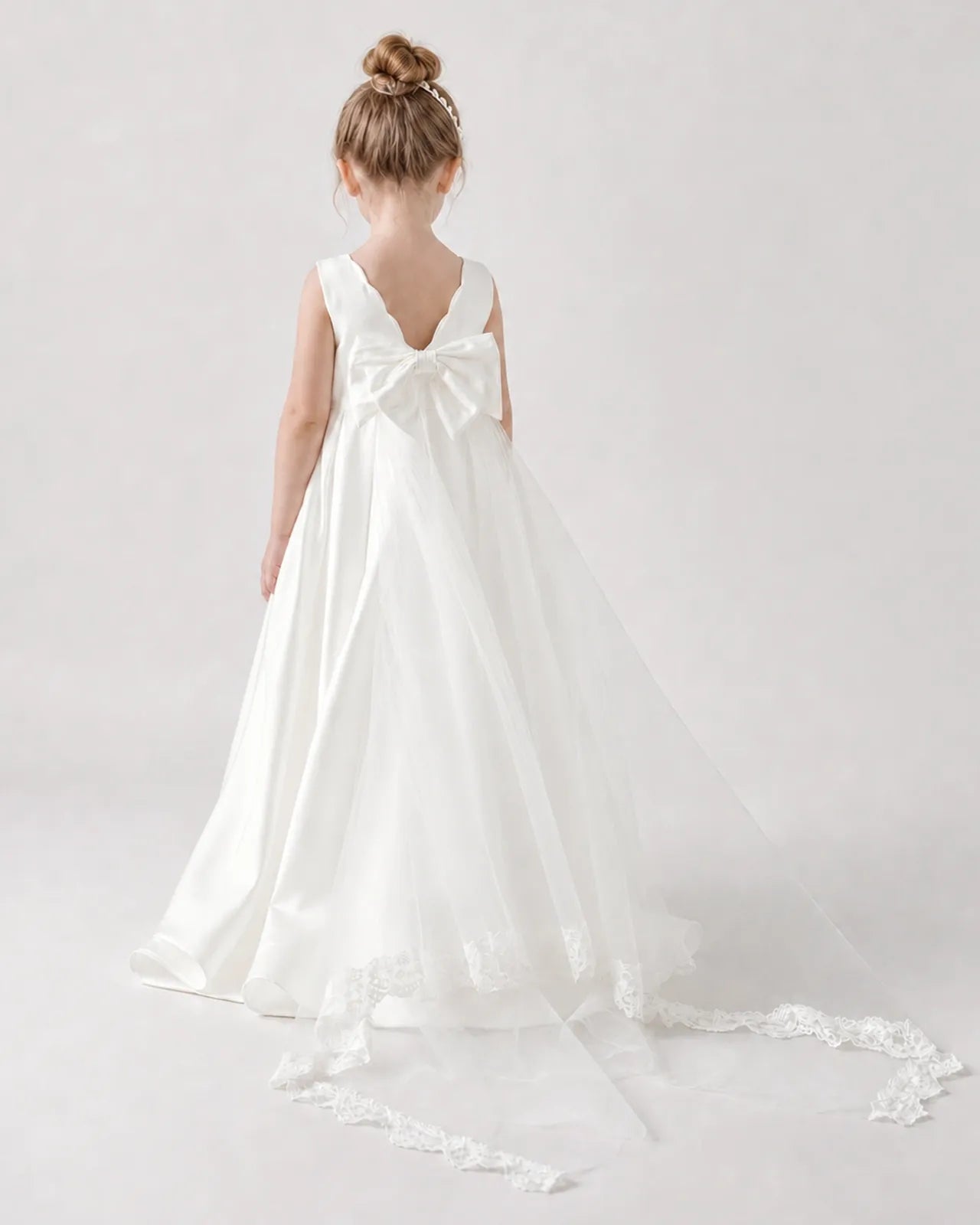 Ivory Satin A-line Flower Girl Dress Back View