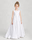 White Flower Girl Dresses Deep V-Back Satin Bow Tulle Sweep Train Gown Front View