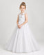 White First Communion Dresses 3D Floral Lace Keyhole Back Tulle Floor-Length Gown Front View