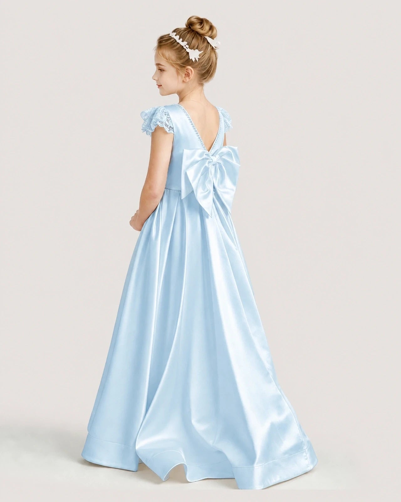 Dideyttawl Satin Girl Formal Dress with Lace Cap Sleeves