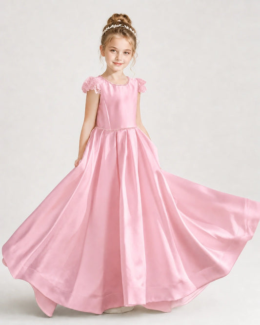 Pink Satin A-line Girls Formal Dresses Front View