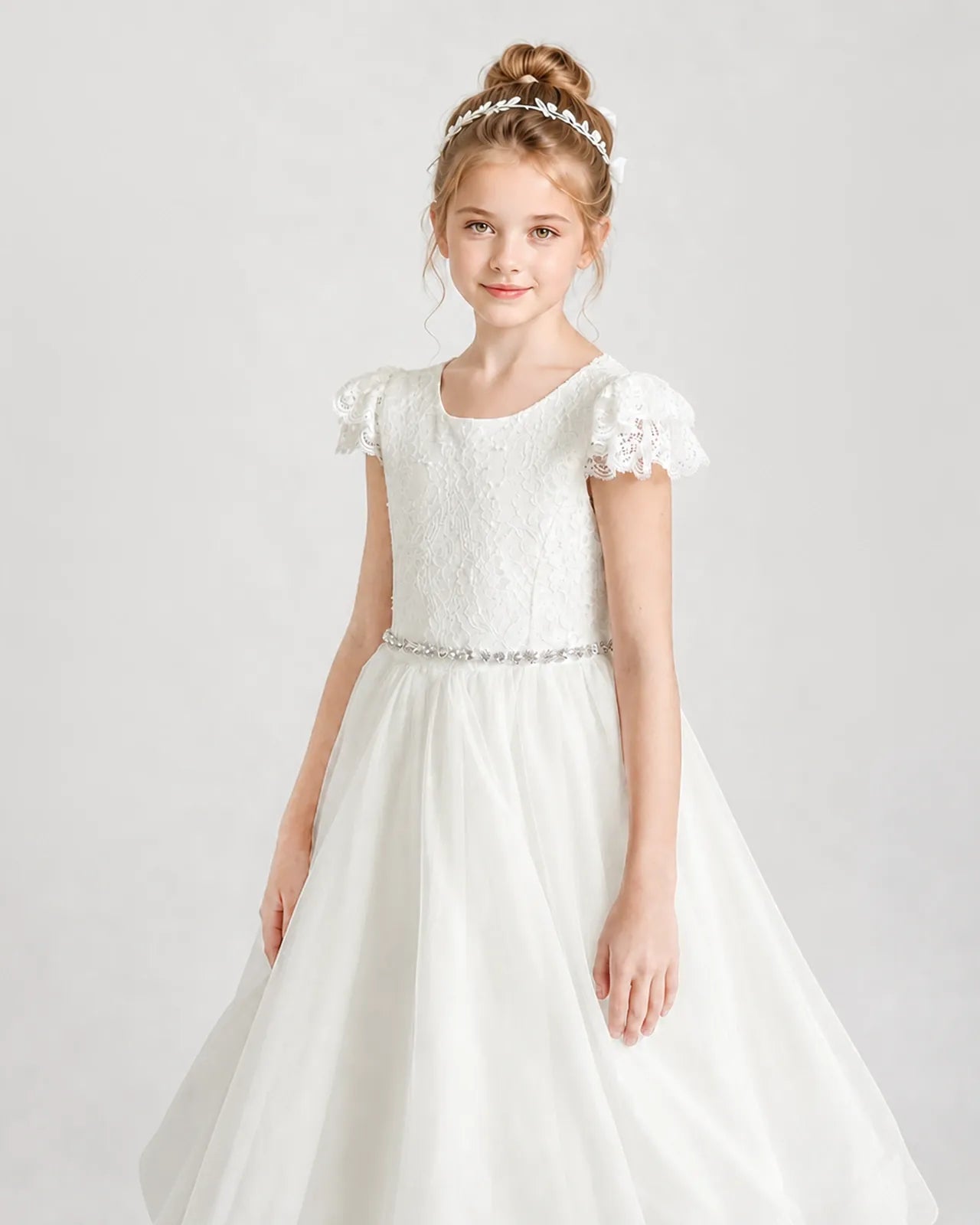 Ivory Lace A-line First Communion Dress Front View