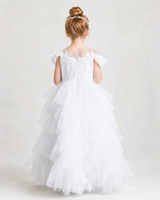 White Tulle Ball Gown Pageant Dress Back View