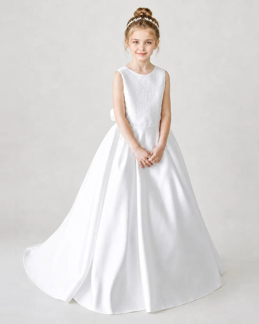 White Lace A-line Flower Girl Dress Front View