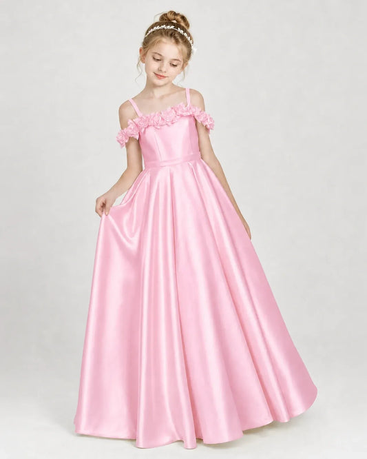 Pink Satin A-line Girls Formal Dress Front View
