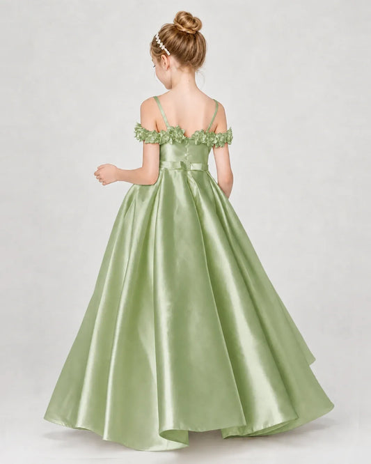 Sage Green Satin A-line Girls Formal Dress Back View