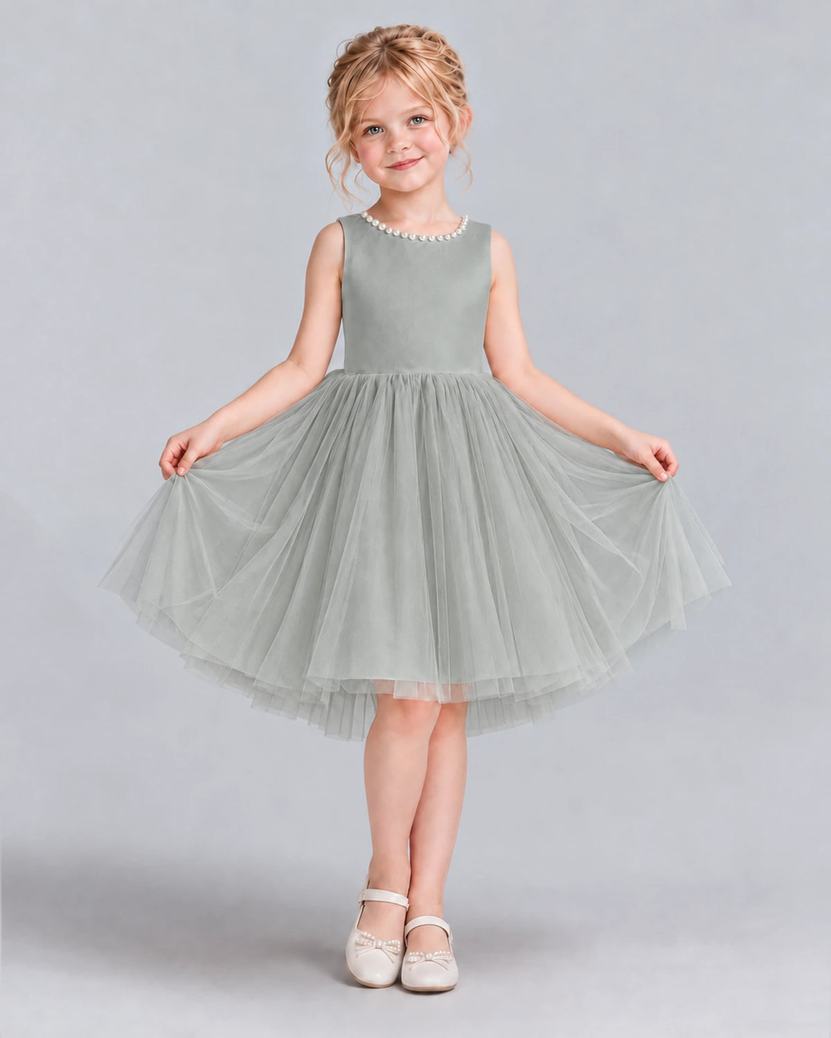 Silver Ball Gown Flower Girl Dress Front