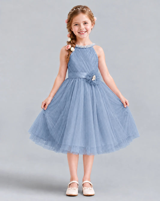 Dusty Blue A-line Girls Formal Dress Front