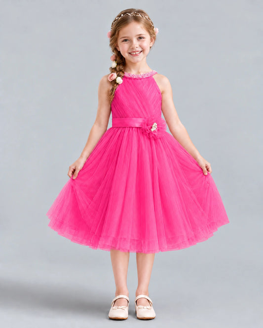 Hot Pink A-line Girls Formal Dress Front