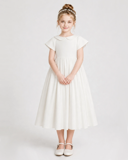 Ivory satin A-line flower girl dress