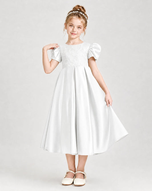 Ivory Satin Pleated A-Line Girls Formal Dresses