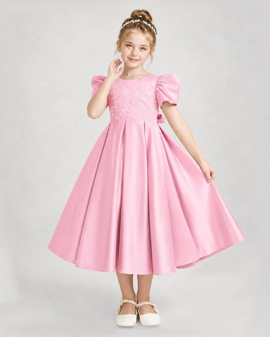 Pink Satin Puff Sleeve A-Line Girls Formal Dresses Front View