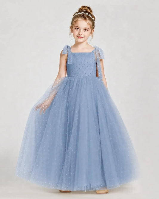 Dusty Blue Tulle A-line Girls Formal Dress Front View