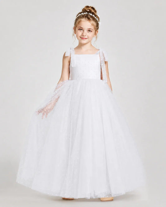 White Tulle A-line Girls Formal Dress Front View