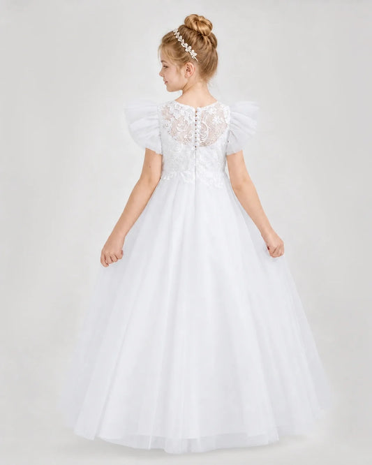 White Tulle A-line Flower Girl Dress Back View