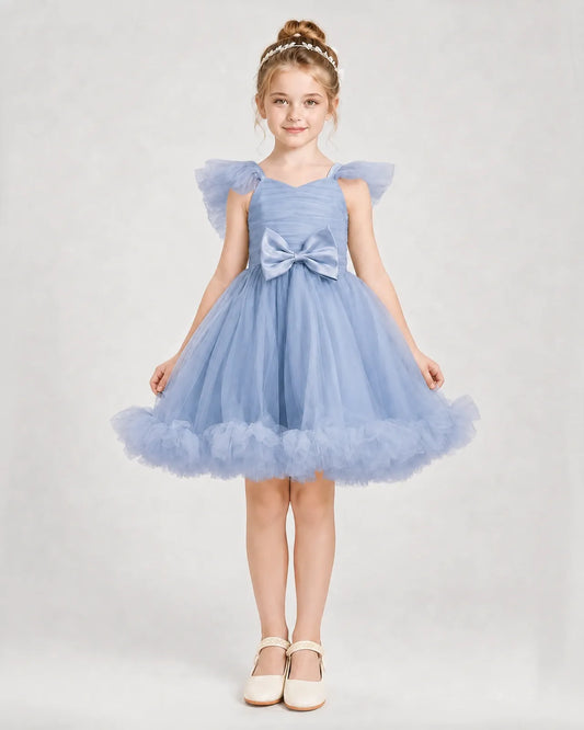 Dusty Blue Satin Tulle A-line Girls Formal Dress Front View