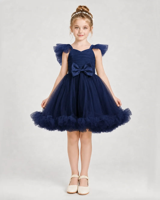 Navy Blue Satin Tulle A-line Girls Formal Dress Front View