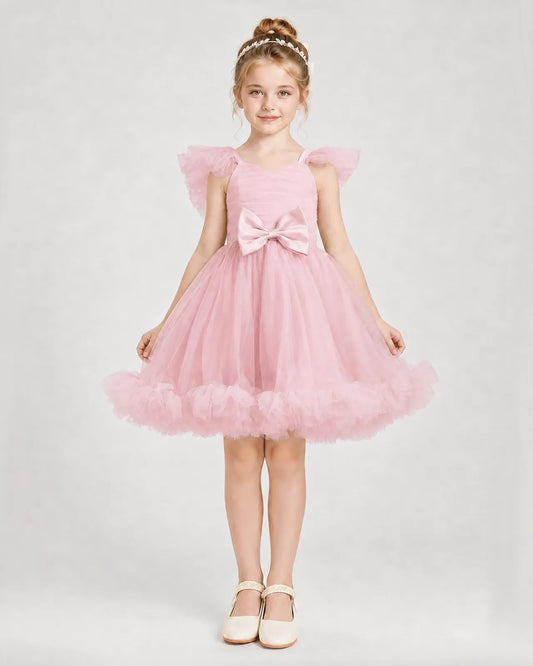 Pink Satin Tulle A-line Girls Formal Dress Front View