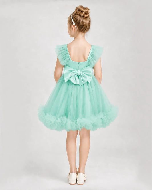 Turquoise Satin Tulle A-line Girls Formal Dress Back View