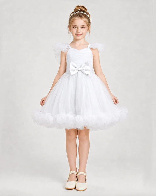 White Satin Tulle A-line Girls Formal Dress Front View
