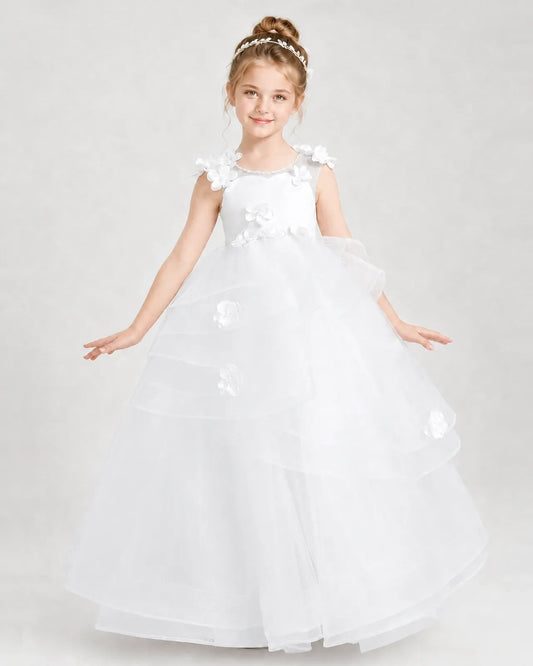White Satin Tulle Ball Gown Pageant Dress Front View