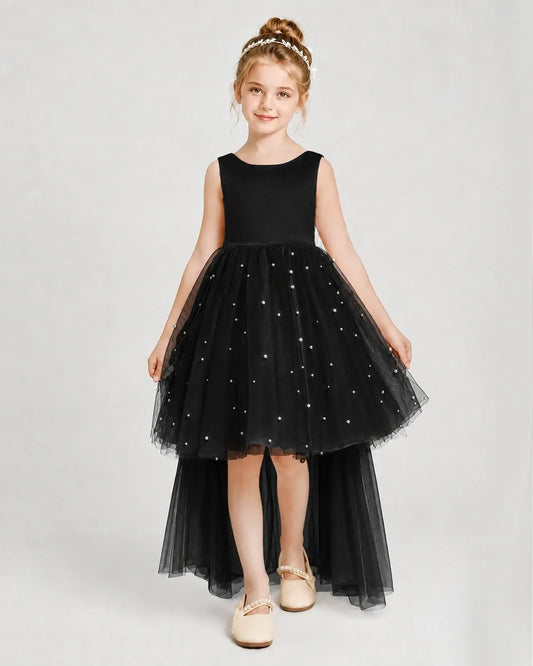 Black Satin Tulle A-line Pageant Dress Front View