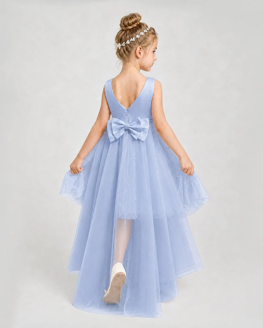 Dusty Blue Satin Tulle A-line Pageant Dress Back View