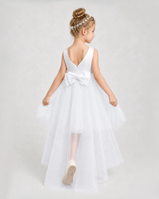 White Satin Tulle A-line Pageant Dress Back View