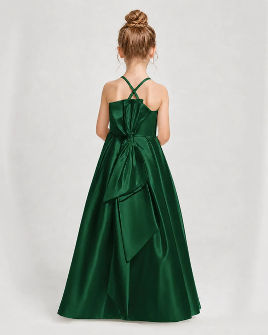 Dark Green Satin A-line Girls Formal Dress Back View
