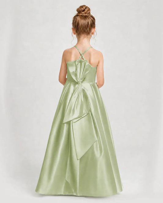 Sage Green Satin A-line Girls Formal Dress Back View