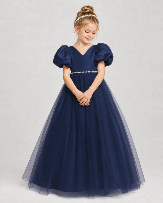 Navy Blue Satin Tulle Puff Sleeve A-Line Girls Formal Dresses