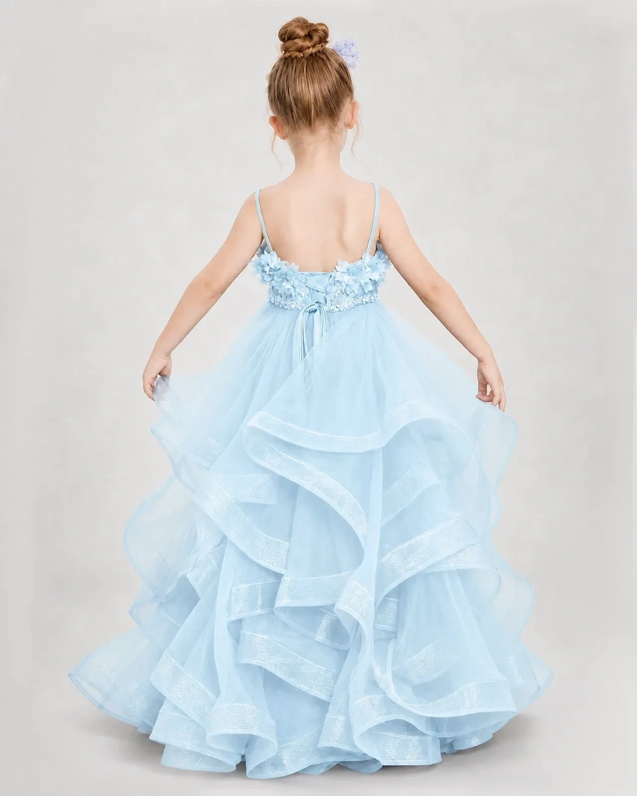Dideyttawl 3D Flower Tulle Girl Pageant Dress with Tiered Skirt